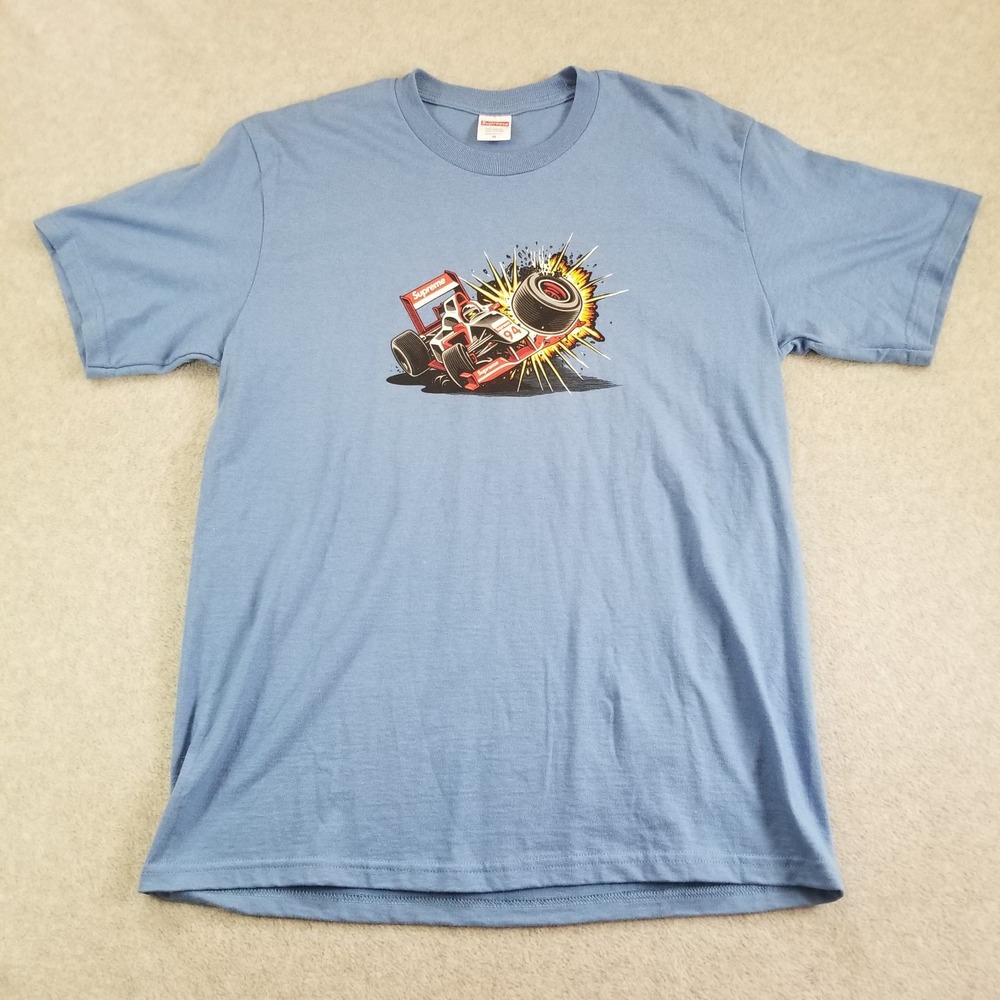 Supreme Shirt Mens Medium Blue Crash F1 Formula 1 Race Car Graphic Made in USA
